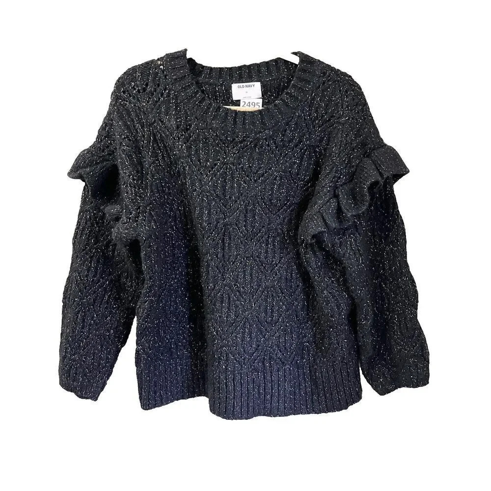 Old Navy Womens Black Ruffle Trim Metallic Pointelle Knit Sweater 2X Long Sleeve
